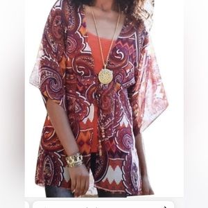 CAbi. Kimono short sleeve blouse. Front tie. Boho style sheer. Women’s LG. NWOT.